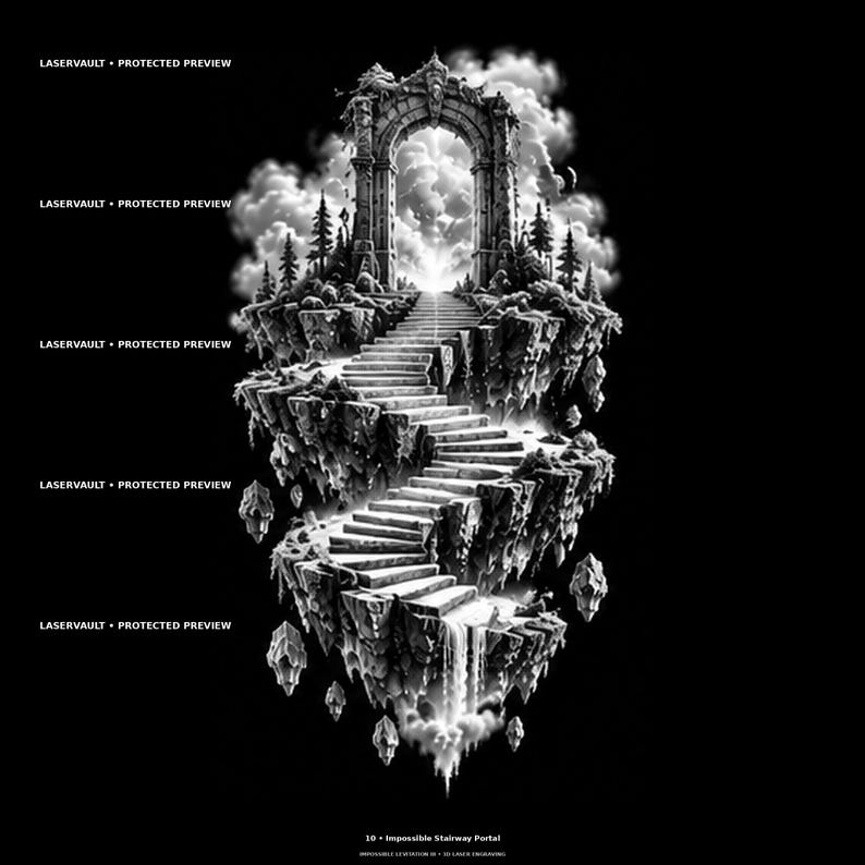 May include: A black and white graphic illustration featuring a floating island with a stone staircase leading to an arched portal. The scene includes pine trees, clouds, and cascading water. Text reads LASERVAULT PROTECTED PREVIEW and 10 Impossible Stairway Portal.