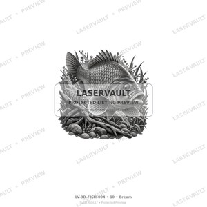 May include: A black and white graphic illustration of a bream fish swimming among aquatic plants, rocks, and bubbles. The image features the text LASERVAULT PROTECTED LISTING PREVIEW and the label LV-3D-FISH-004 10 Bream at the bottom.