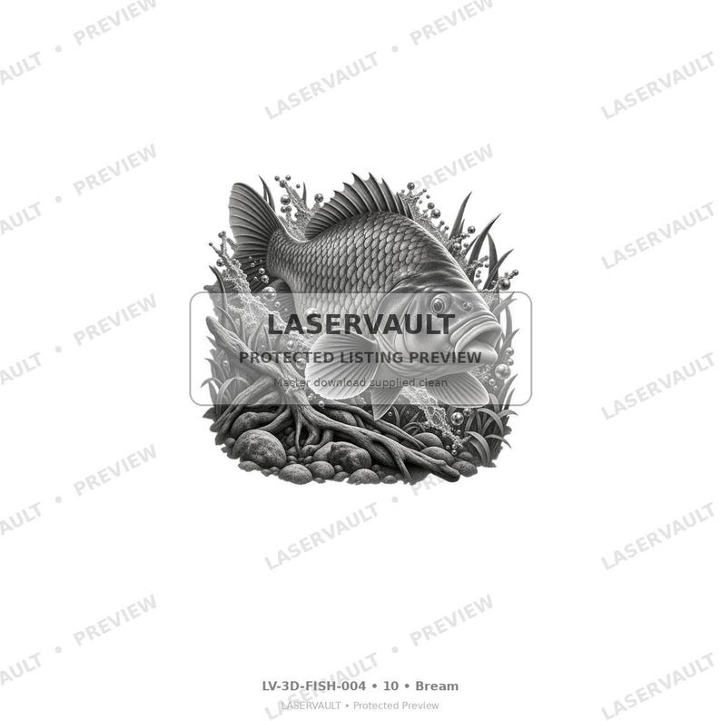 May include: A black and white graphic illustration of a bream fish swimming among aquatic plants, rocks, and bubbles. The image features the text LASERVAULT PROTECTED LISTING PREVIEW and the label LV-3D-FISH-004 10 Bream at the bottom.