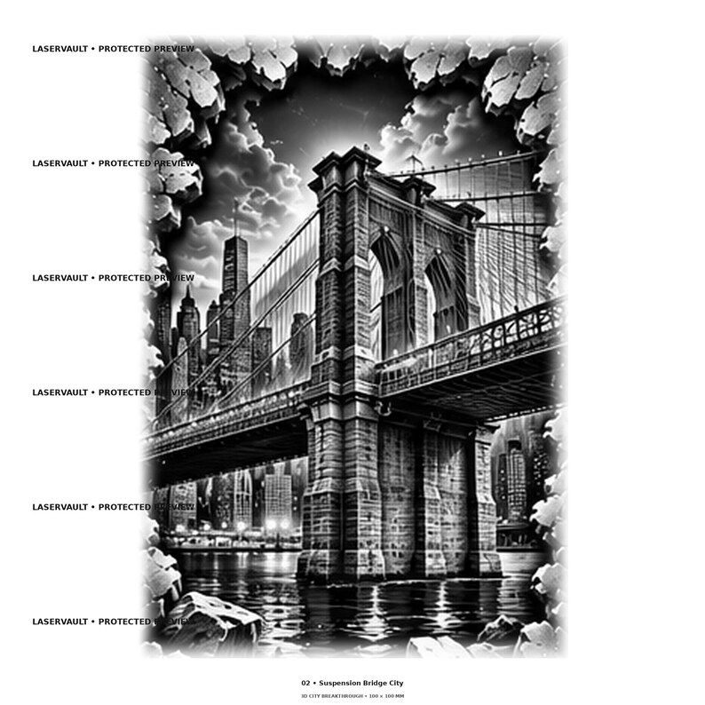 Pode incluir: Uma ilustra&ccedil;&atilde;o gr&aacute;fica a preto e branco de uma ponte suspensa e do horizonte de uma cidade, emoldurada por uma borda irregular de pedra. O texto LASERVAULT PROTECTED PREVIEW aparece &agrave; esquerda, com 02 SUSPENSION BRIDGE CITY na parte inferior.