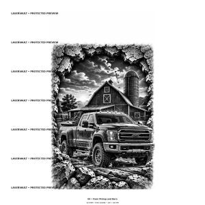 Pu&ograve; includere: Un'illustrazione grafica in bianco e nero che mostra un pickup parcheggiato davanti a un fienile e un silo. La scena &egrave; incorniciata da un bordo roccioso frastagliato. Il testo LASERVAULT PROTECTED PREVIEW appare ripetutamente sul lato sinistro.
