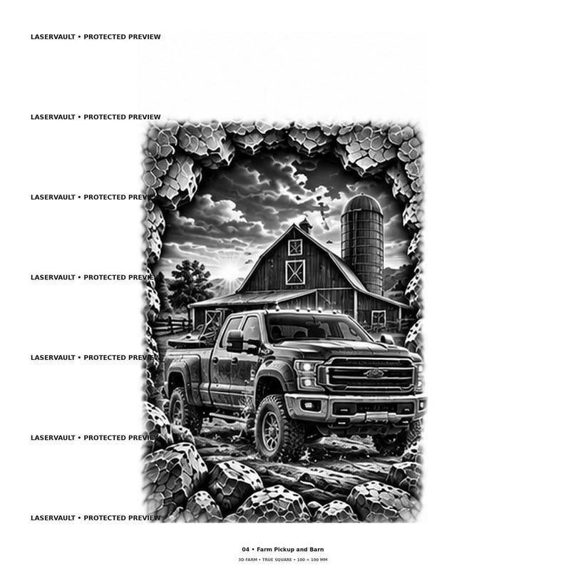 Pu&ograve; includere: Un'illustrazione grafica in bianco e nero che mostra un pickup parcheggiato davanti a un fienile e un silo. La scena &egrave; incorniciata da un bordo roccioso frastagliato. Il testo LASERVAULT PROTECTED PREVIEW appare ripetutamente sul lato sinistro.