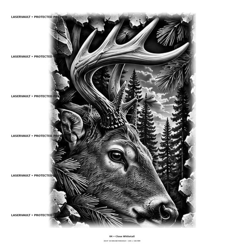 以下が含まれることがあります： 大きな角を持つオジロジカの頭部を描いた白黒のグラフィックイラスト。松の枝と岩の質感が周囲を囲んでいる。左側には「LASERVAULT PROTECTED PREVIEW」という文字が繰り返し表示され、下部には「04 Close Whitetail」と記されている。