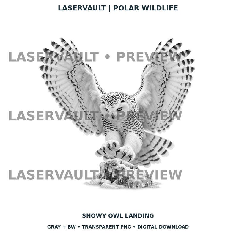 Op de afbeelding: Een zwart-witte digitale illustratie van een sneeuwuil met gespreide vleugels, landend op een ijzige rots. De tekst LASERVAULT | POLAR WILDLIFE en SNOWY OWL LANDING staat bij de afbeelding, die is gemarkeerd met LASERVAULT PREVIEW.
