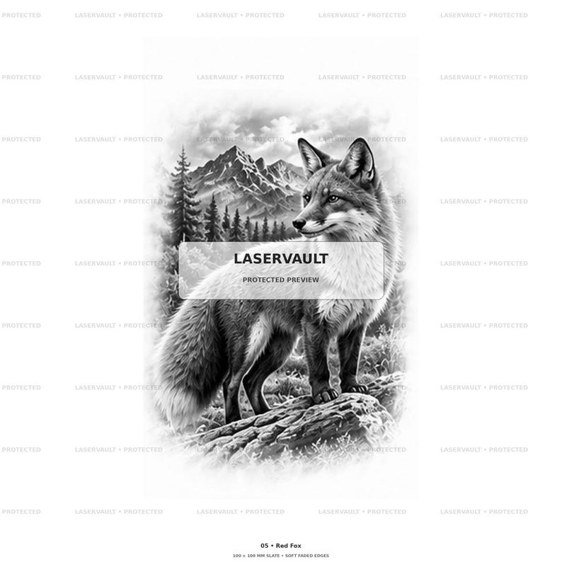 Op de afbeelding: Een zwart-witillustratie van een vos die op een rots in een bergachtig boslandschap staat. De afbeelding bevat de tekst LASERVAULT PROTECTED PREVIEW in het midden en 05 Red Fox 100 x 100 mm slate soft faded edges aan de onderkant.