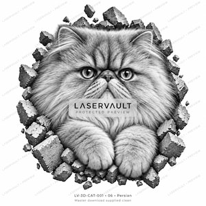 Puede incluir: Una ilustraci&oacute;n en blanco y negro de un gato persa de pelaje esponjoso que emerge de un agujero circular en una pared de ladrillos. El gato tiene pelo largo, ojos grandes y cara plana. El texto LASERVAULT PROTECTED PREVIEW aparece sobre el pecho.