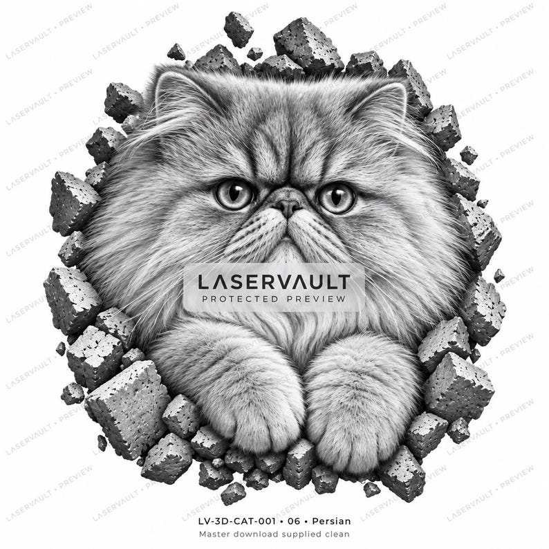 Puede incluir: Una ilustraci&oacute;n en blanco y negro de un gato persa de pelaje esponjoso que emerge de un agujero circular en una pared de ladrillos. El gato tiene pelo largo, ojos grandes y cara plana. El texto LASERVAULT PROTECTED PREVIEW aparece sobre el pecho.