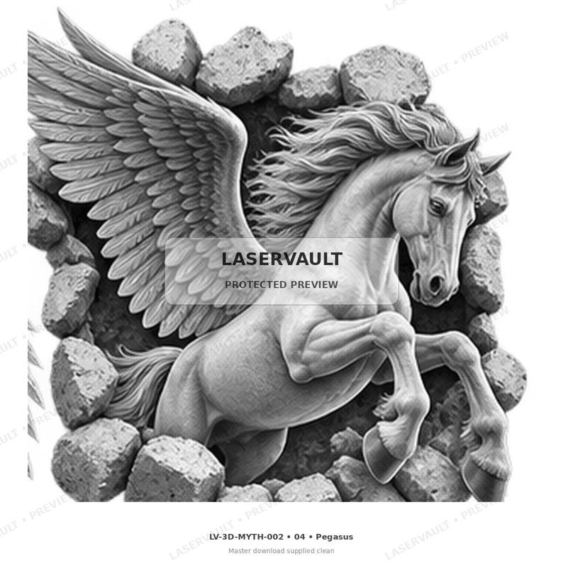 May include: A greyscale relief sculpture of a winged horse, or Pegasus, emerging from a cluster of jagged rocks. The horse is depicted in a dynamic, rearing pose with its large, feathered wings fully extended. Text reads LASERVAULT.