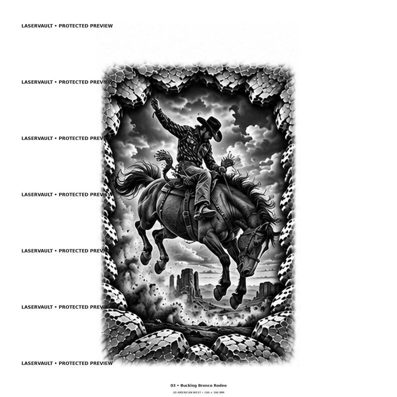 Puede incluir: Un estampado gr&aacute;fico en blanco y negro que muestra a un vaquero montando un caballo salvaje, enmarcado por un borde de piedra texturizada. La escena incluye un paisaje des&eacute;rtico con formaciones rocosas. Texto: LASERVAULT PROTECTED PREVIEW y 03 Bucking Bronco Rodeo.
