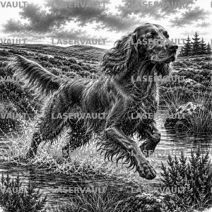 May include: A black and white illustration of a long-haired dog running through shallow water, creating splashes. The dog has floppy ears and a feathered tail. The background features a hilly landscape with trees and a cloudy sky, with the text LASERVAULT overlaid repeatedly across the image.