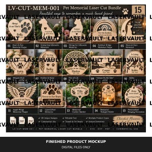 Op de afbeelding: Een digitale collectie van 15 lasergesneden huisdier-gedenkontwerpen met houten platen, silhouetten van honden en katten, levensboommotieven, engelvleugels en een theelichthouder. De afbeelding toont diverse vormen met gegraveerde tekst.