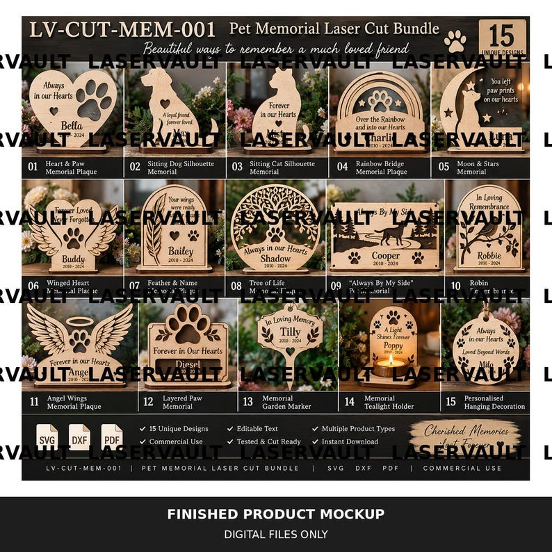 Op de afbeelding: Een digitale collectie van 15 lasergesneden huisdier-gedenkontwerpen met houten platen, silhouetten van honden en katten, levensboommotieven, engelvleugels en een theelichthouder. De afbeelding toont diverse vormen met gegraveerde tekst.