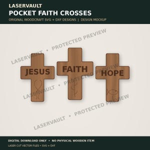 Puede incluir: Tres cruces de madera marrón con las palabras JESUS, FAITH y HOPE. Cada cruz incluye un dibujo lineal sencillo: una enredadera en la primera, una rama en la segunda y un pez en la tercera. El texto LASERVAULT POCKET FAITH CROSSES es visible.