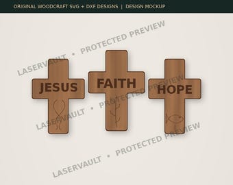 Könnte beinhalten: Drei braune Holzkreuze mit den Wörtern JESUS, FAITH und HOPE. Jedes Kreuz enthält eine einfache Strichzeichnung: eine Ranke auf dem ersten, ein Zweig auf dem zweiten und ein Fisch auf dem dritten. Der Text LASERVAULT POCKET FAITH CROSSES ist sichtbar.