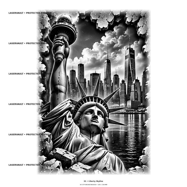 Pode incluir: Uma impress&atilde;o gr&aacute;fica em preto e branco apresentando a Est&aacute;tua da Liberdade segurando uma tocha em primeiro plano com o horizonte da cidade de Nova York ao fundo. A imagem &eacute; emoldurada por uma borda de pedra rachada e inclui o texto LASERVAULT PROTECTED PREVIEW.
