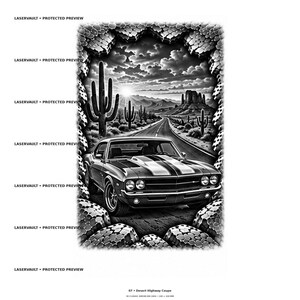 Puede incluir: Una ilustraci&oacute;n gr&aacute;fica en blanco y negro de un coche coup&eacute; cl&aacute;sico en una carretera del desierto con cactus y formaciones rocosas bajo un cielo nublado. La imagen est&aacute; enmarcada por un borde texturizado e incluye el texto LASERVAULT PROTECTED PREVIEW.