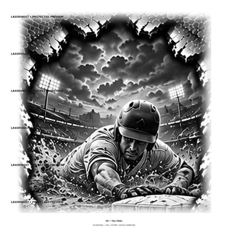 May include: A black and white digital illustration of a baseball player sliding into a base at a stadium. The player wears a helmet and uniform, surrounded by dirt and stadium lights under a cloudy sky. The text LASERVAULT PROTECTED PREVIEW appears.