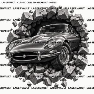 May include: A black and white graphic illustration of a classic sports car emerging from a shattered wall of stone blocks. The text LASERVAULT &bull; CLASSIC CARS 3D BREAKOUT &bull; 08/10 appears at the top, with the word LASERVAULT repeated across the image.