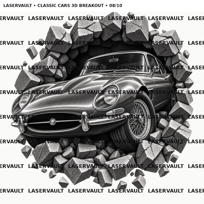 May include: A black and white graphic illustration of a classic sports car emerging from a shattered wall of stone blocks. The text LASERVAULT &bull; CLASSIC CARS 3D BREAKOUT &bull; 08/10 appears at the top, with the word LASERVAULT repeated across the image.