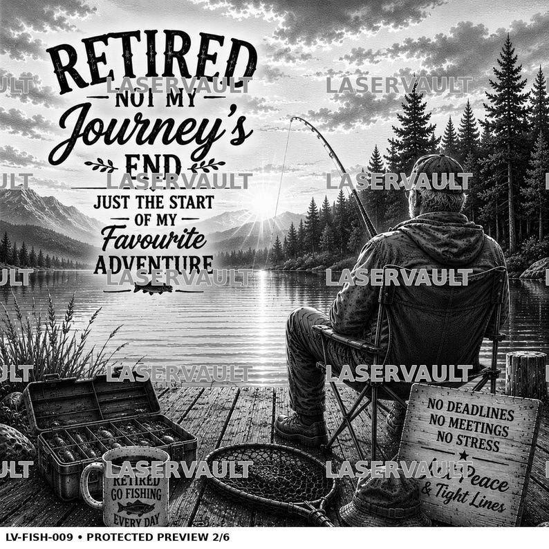 Puede incluir: Un dise&ntilde;o gr&aacute;fico en blanco y negro que muestra a una persona pescando en un muelle con el texto: RETIRED NOT MY JOURNEY'S END JUST THE START OF MY FAVOURITE ADVENTURE. Una caja de pesca, una taza con la etiqueta RETIRED GO FISHING EVERY DAY y un letrero que dice NO DEADLINES NO MEETINGS NO STRESS Peace & Tight Lines.
