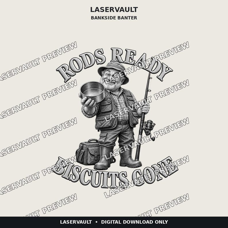 May include: A black and white graphic illustration featuring a bearded angler wearing a fishing vest, hat, and boots. The figure holds a small bowl and a fishing rod, with a tackle bag nearby. Text reads LASERVAULT, RODS READY, and BISCUITS GONE.