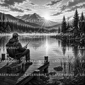 Puede incluir: Una ilustraci&oacute;n en blanco y negro de una persona sentada en un muelle de madera en una silla plegable, sosteniendo una ca&ntilde;a de pescar. Una caja de aparejos est&aacute; cerca. La escena muestra un lago, una caba&ntilde;a, pinos y monta&ntilde;as al amanecer con el texto LASERVAULT.
