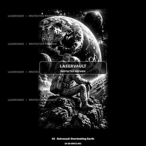 May include: A black and white digital illustration featuring an astronaut in a space suit sitting on a rocky surface, looking out at a large planet and smaller celestial bodies in space. The text LASERVAULT PROTECTED PREVIEW is visible.