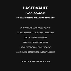 Op de afbeelding: Een zwarte digitale afbeelding met witte tekst: LASERVAULT, LV-3D-GOAT-001, 3D GOAT BREEDS BREAKOUT ILLUSIONS, 10 INDIVIDUAL GOAT BREED DESIGNS, 20 PNG MASTERS, 2362 X 2362 PX, 600 DPI, TRANSPARENT BACKGROUNDS, EN CREATE &bull; ENGRAVE &bull; SELL.