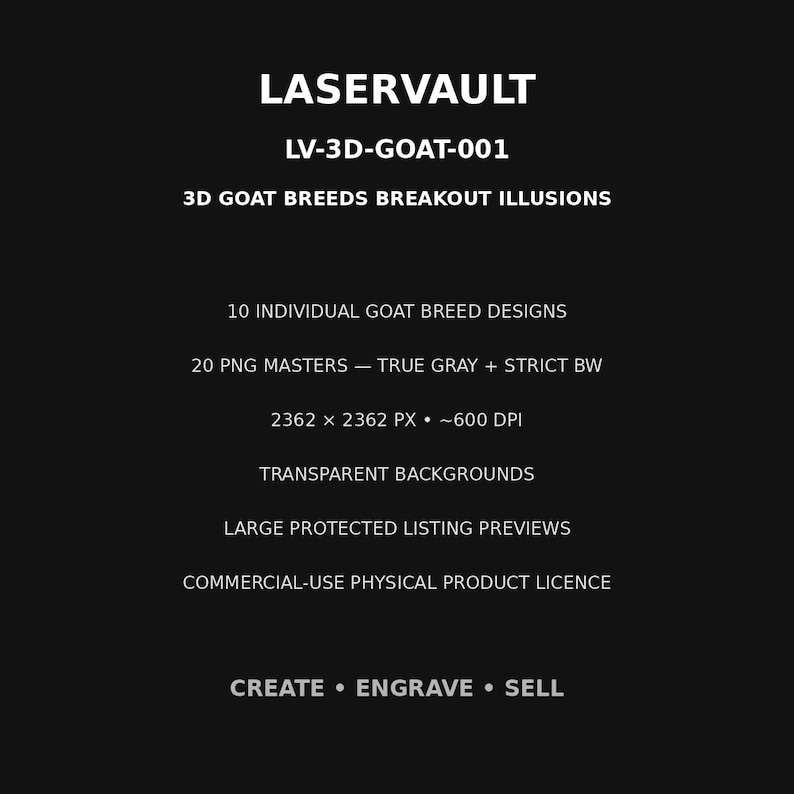 Op de afbeelding: Een zwarte digitale afbeelding met witte tekst: LASERVAULT, LV-3D-GOAT-001, 3D GOAT BREEDS BREAKOUT ILLUSIONS, 10 INDIVIDUAL GOAT BREED DESIGNS, 20 PNG MASTERS, 2362 X 2362 PX, 600 DPI, TRANSPARENT BACKGROUNDS, EN CREATE &bull; ENGRAVE &bull; SELL.