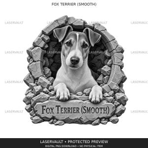May include: A black and white graphic illustration of a smooth fox terrier dog peering through a circular hole in a stone wall. The dog has its front paws resting on a stone ledge below, which features the text Fox Terrier (Smooth) engraved.