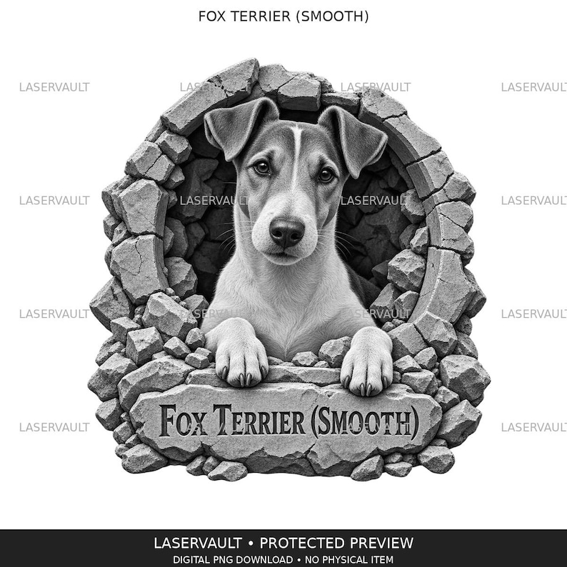 May include: A black and white graphic illustration of a smooth fox terrier dog peering through a circular hole in a stone wall. The dog has its front paws resting on a stone ledge below, which features the text Fox Terrier (Smooth) engraved.