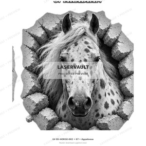 May include: A black and white graphic illustration of a spotted horse head emerging from a hole in a brick wall. The horse has a flowing mane and dark spots on its coat. The text LASERVAULT PROTECTED PREVIEW is centred over the horse image.
