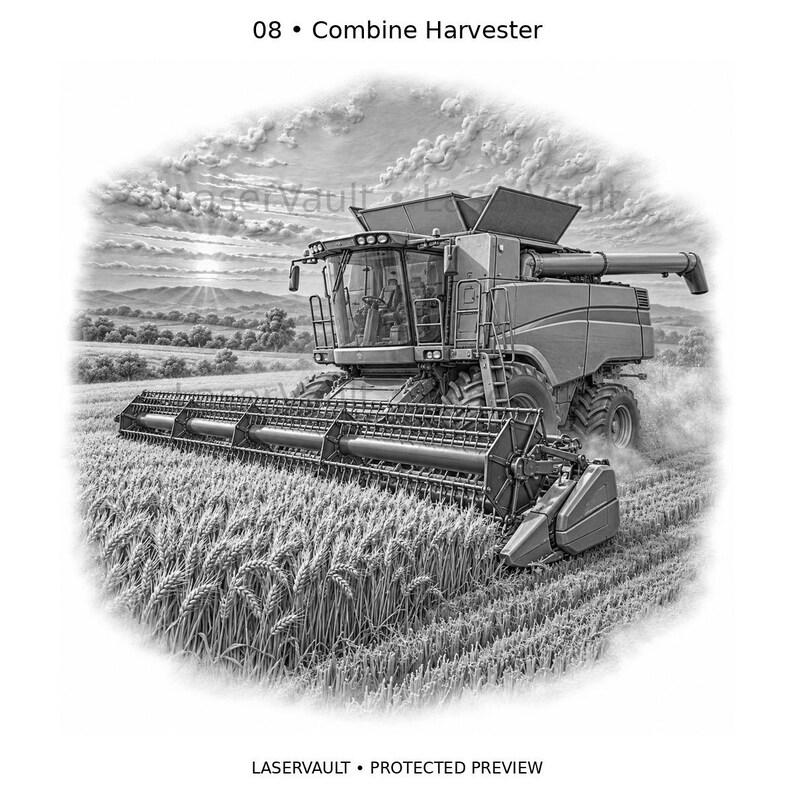 May include: A black and white illustration titled 08 Combine Harvester showing a large agricultural machine harvesting a wheat field under a cloudy sky. The combine features a wide header, a cab, and a grain tank, with visible dust clouds.
