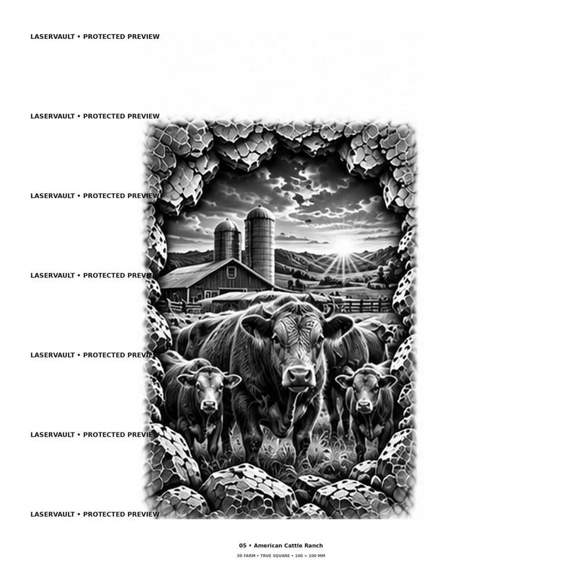 Pu&ograve; includere: Un'illustrazione grafica in bianco e nero che raffigura una mandria di bestiame in primo piano con una fattoria, dei silos e un'alba sullo sfondo, il tutto incorniciato da un bordo frastagliato simile a pietra. Il testo LASERVAULT PROTECTED PREVIEW appare.
