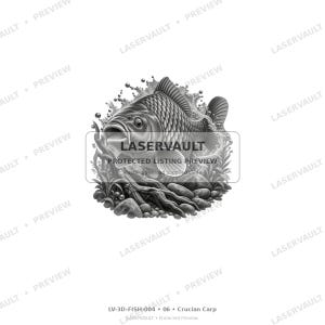 May include: A black and white graphic illustration of a carp fish swimming amidst water splashes, bubbles, aquatic plants, and rocks. The image features a rectangular overlay with the text LASERVAULT PROTECTED LISTING PREVIEW.