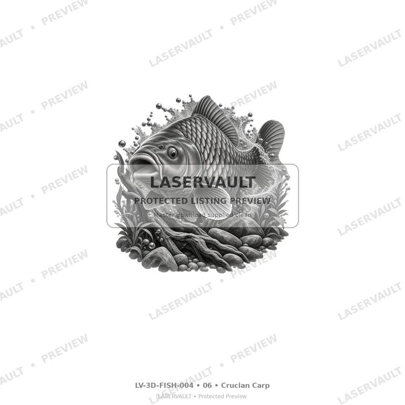 May include: A black and white graphic illustration of a carp fish swimming amidst water splashes, bubbles, aquatic plants, and rocks. The image features a rectangular overlay with the text LASERVAULT PROTECTED LISTING PREVIEW.