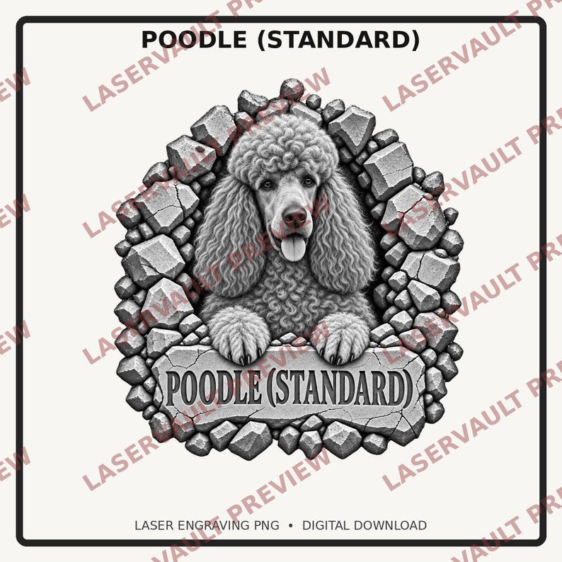 K&ouml;nnte beinhalten: Eine schwarz-wei&szlig;e grafische Illustration eines Standardpudels mit lockigem Fell, der seine Pfoten auf eine Steinplatte mit der Aufschrift POODLE (STANDARD) st&uuml;tzt, umgeben von einem Rand aus gezackten, texturierten grauen Felsen.