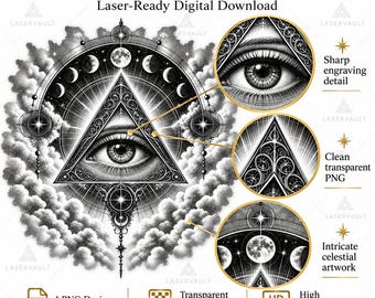 May include: A digital graphic design featuring an eye centered within a triangle, surrounded by a circular moon phase cycle and clouds. The image includes text labels: PREMIUM DETAIL, Laser-Ready Digital Download, 1 PNG Design, and High Resolution.