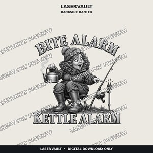 May include: A black and white graphic illustration featuring a person in a beanie and jacket sitting on a stool, holding a steaming kettle. The text reads BITE ALARM and KETTLE ALARM, with a fishing rod and a bite alarm device visible.