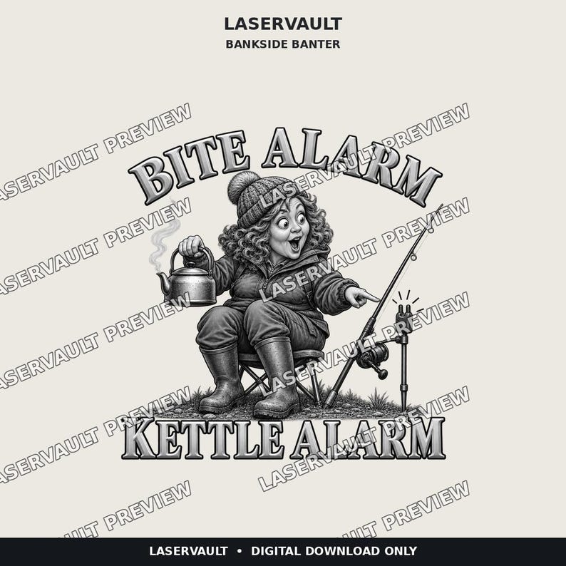 May include: A black and white graphic illustration featuring a person in a beanie and jacket sitting on a stool, holding a steaming kettle. The text reads BITE ALARM and KETTLE ALARM, with a fishing rod and a bite alarm device visible.