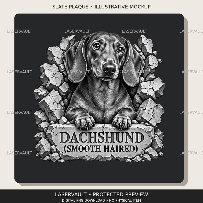 May include: A black and white graphic of a smooth-haired dachshund emerging from cracked stone. The dog is centered with paws resting on a stone ledge featuring the text DACHSHUND (SMOOTH HAIRED). The background is a solid dark gray square.