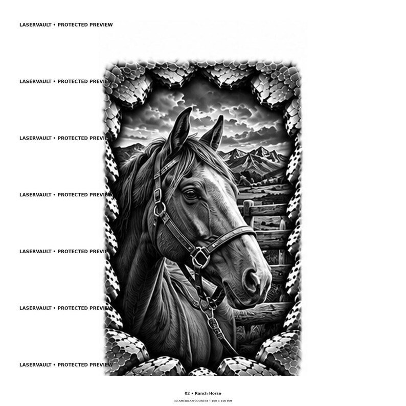 Puede incluir: Una ilustraci&oacute;n digital en blanco y negro de un caballo con brida, enmarcada por un borde texturizado. El fondo muestra un paisaje con monta&ntilde;as, nubes y una valla de madera. El texto LASERVAULT PROTECTED PREVIEW aparece repetidamente.