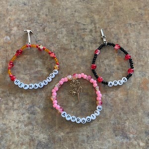 Aphrodite, Ares, Hephaestus Epic Handmade Beaded Character Charm Bracelets based on Greek Mythology. Olympian Gods and Goddesses