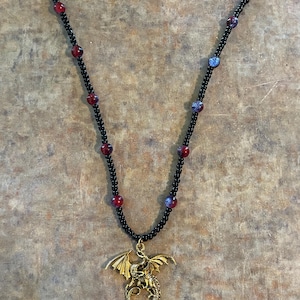 Hand-made Dragon Necklace w/ Fire and Ice cracked glass beads. Perfect for Renaissance Faire. Fantasy jewelry. ren faire accessories
