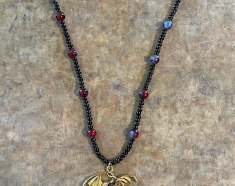 Hand-made Dragon Necklace w/ Fire and Ice cracked glass beads. Perfect for Renaissance Faire. Fantasy jewelry. ren faire accessories