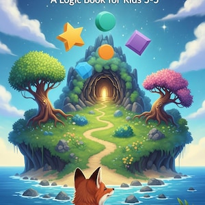 May include: A colorful illustration for a children's logic book titled "Magic Island Logic Adventure." The image features a fox on a beach, a winding path leading to a cave, and floating geometric shapes. The book is for kids aged 3-5.