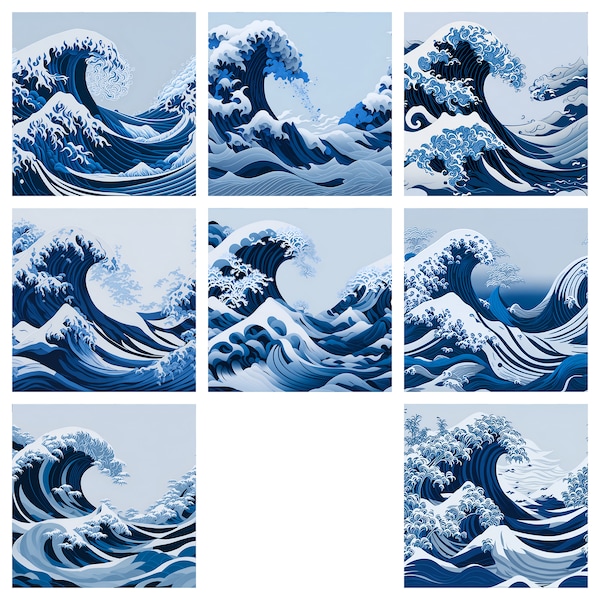 Waves of Japan | 8 seamless patterns of amazing Japanese waves for digital paper or print, Seamless Pattern, Wave Background, Scrapbook,