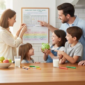 May include: A family gathers around a wooden countertop, with a weekly habit tracker on the wall. A green piggy bank is held by a child. Milk glasses and colorful markers are on the counter. The tracker has the text "Weekly Habit Tracker & Point System".