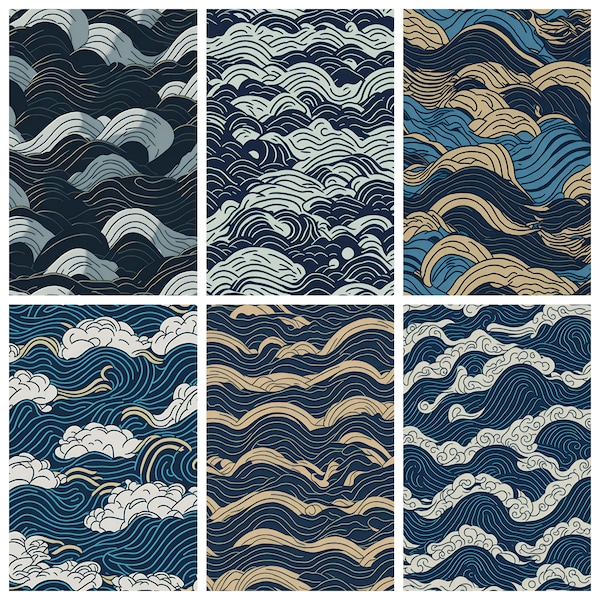 Waves of Japan | 12 seamless patterns of amazing Japanese waves for digital paper or print, Seamless Pattern, Wave Background, Scrapbook