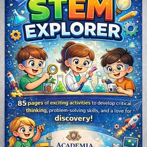 Puede incluir: Una colorida portada de libro para "STEM Explorer" para niños de 5 a 7 años, con niños de dibujos animados realizando experimentos científicos. La portada incluye el texto "STEM EXPLORER" y la frase "85 páginas de actividades emocionantes".